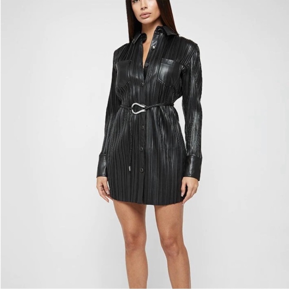 VEGAN LEATHER PLEATED SHIRT DRESS - BLACK